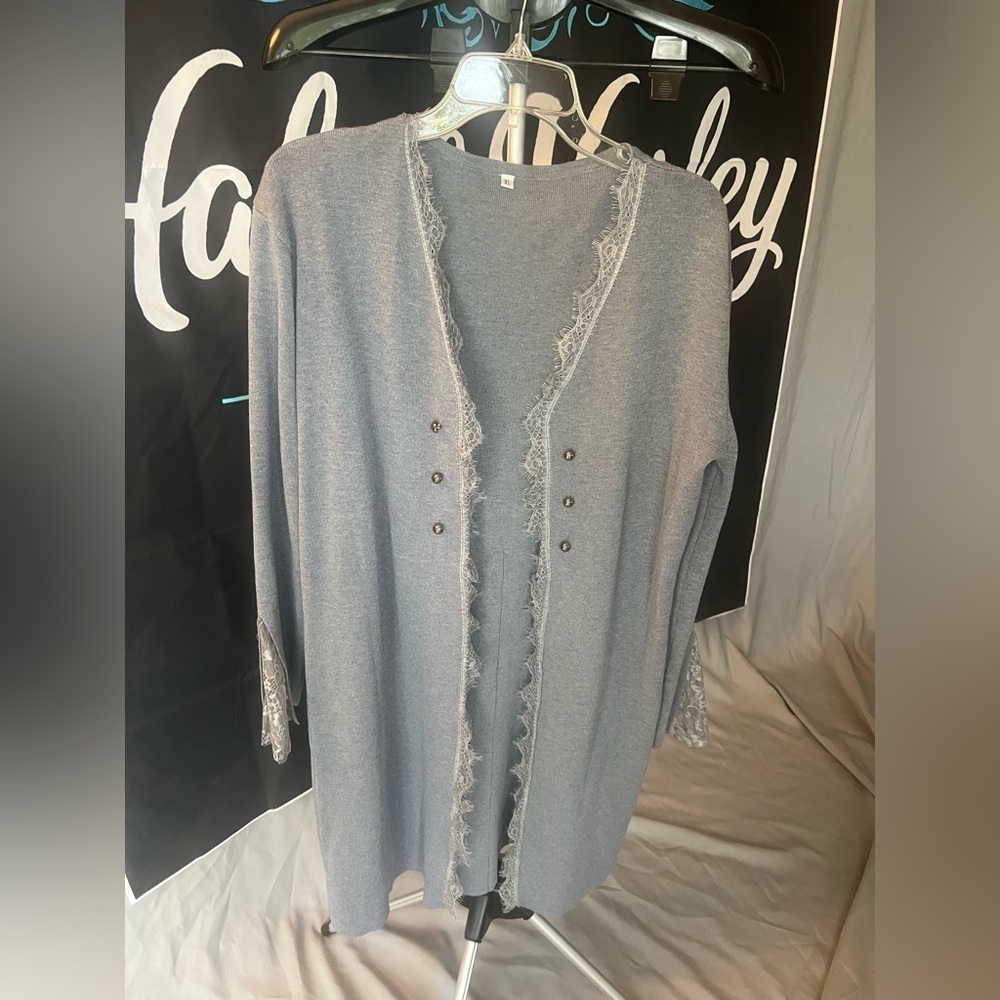 NWOT Chic Women's Gray Cardigan with Lace Trim